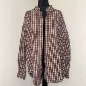 Arizona Jean Co Shirt Men's XL Maroon Beige Plaid Cotton Long Sleeve Button-Down